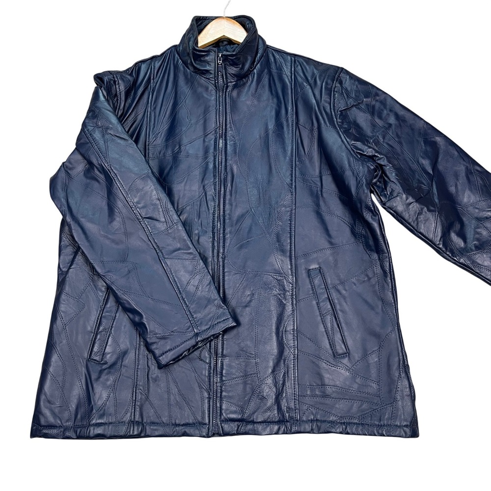 VTG Tudor Court by Haband Leather Jacket Mens 2XL Navy Blue Patchwork Full Zip